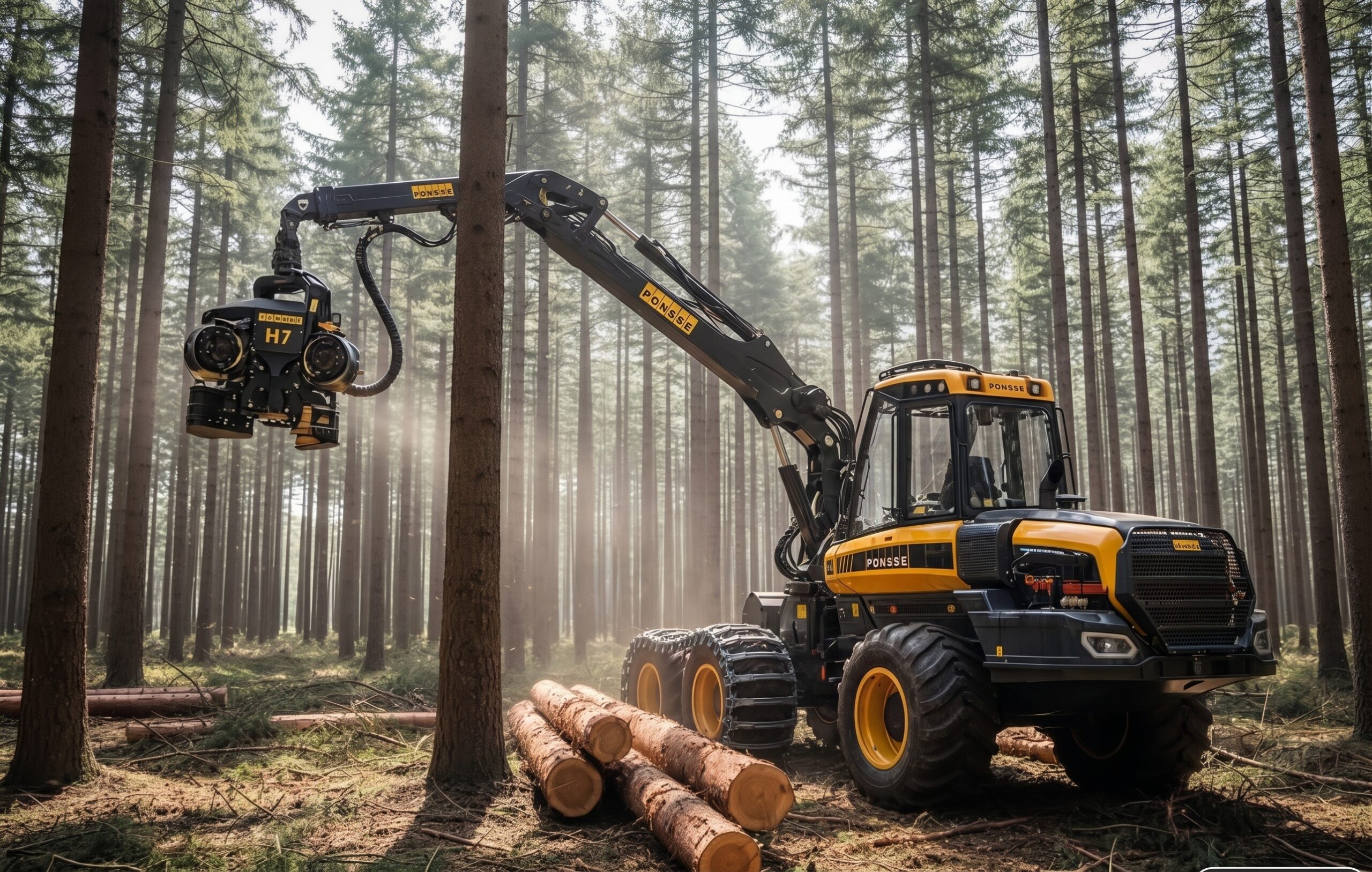 KI-generiert: Ein gelber Harvester arbeitet in einem sonnendurchfluteten Nadelwald und greift mit seinem Kranarm einen Baumstamm.